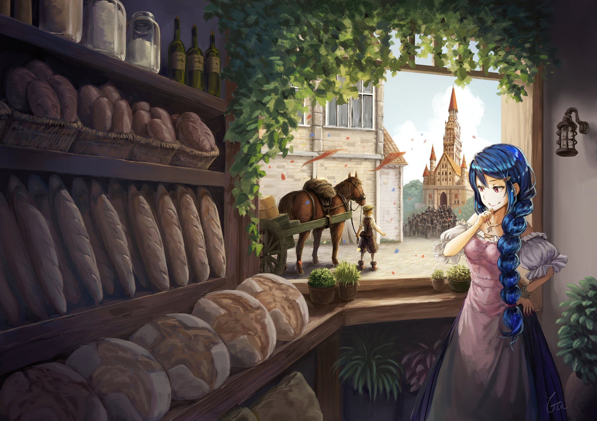 Anime-style HD desktop wallpaper of a smiling girl with long blue braided hair and pink eyes, wearing a necklace, standing in a bakery with bread, a horse cart, and a castle outside.