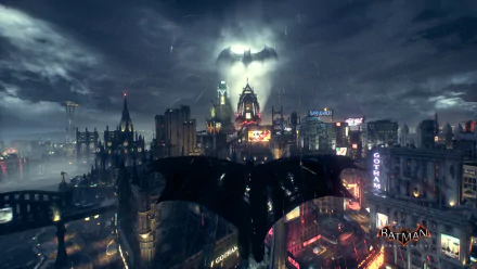 HD wallpaper of Gotham City at night from the video game Batman: Arkham Knight, featuring Batman gliding towards the Bat-Signal illuminated in the cloudy sky.