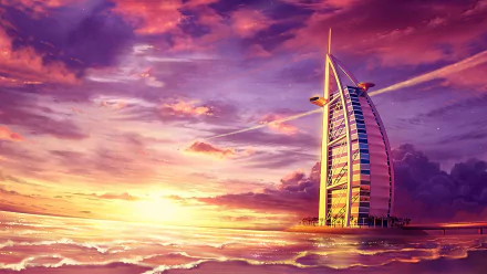 HD desktop wallpaper featuring a stunning sunset behind the iconic Burj Al Arab building, with vibrant clouds and reflective water enhancing the breathtaking scene.