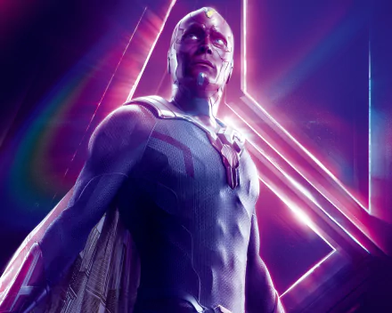 HD desktop wallpaper featuring Paul Bettany as Vision from Marvel Comics' Avengers: Infinity War, showcasing the character in a dramatic, neon-lit composition.