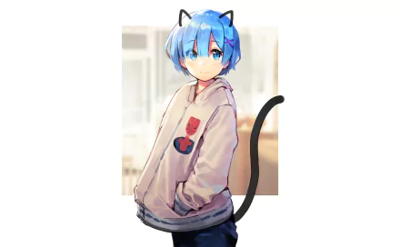 HD PC desktop wallpaper featuring Rem from the anime Re:Zero - Starting Life in Another World, depicted with cat ears and a tail in a casual hoodie.