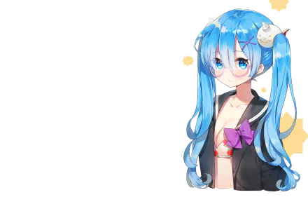 Rem (Re:ZERO) anime portrait — blue twin-tails, ribbon and jacket, white background. 2K Quad HD PC desktop wallpaper/background. Re:Zero - Starting Life in Another World.