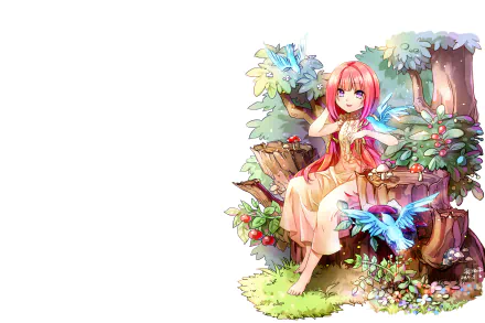 Anime original 2K Quad HD PC desktop background: smiling long pink‑haired girl with purple eyes sits on a stump among mushrooms and flowers, surrounded by blue anime birds.