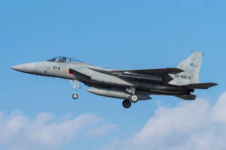 A Mitsubishi F-15J jet fighter warplane in flight against a clear blue sky, showcasing its military design.