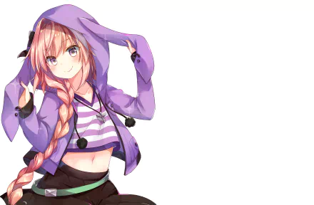 HD PC desktop wallpaper featuring Astolfo, Rider of Black from Fate/Apocrypha, depicted in anime style with a playful pose and vibrant purple hoodie.