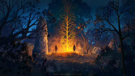 A glowing tree illuminates two figures standing in a dark, mystical forest from the video game Forest Of Liars, depicted in a detailed HD PC desktop wallpaper.