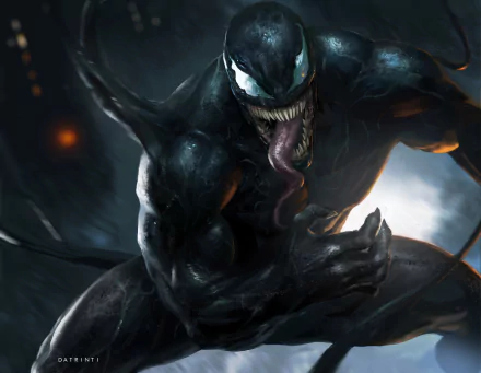 HD desktop wallpaper of Venom, the iconic comic character, showcasing his menacing look with sharp teeth and a long tongue against a dark, moody background.