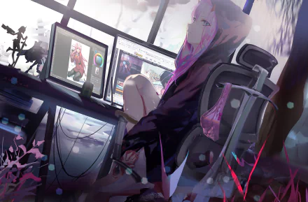 Anime character Zero Two from Darling in the FranXX sits in a modern room, featuring dual monitors and detailed decor. This HD wallpaper captures a serene and contemplative scene.