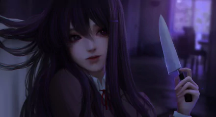 Yuri from Doki Doki Literature Club! holds a knife in a dark, slightly eerie setting. This HD desktop wallpaper captures her character from the video game, blending a sense of intensity with haunting beauty.