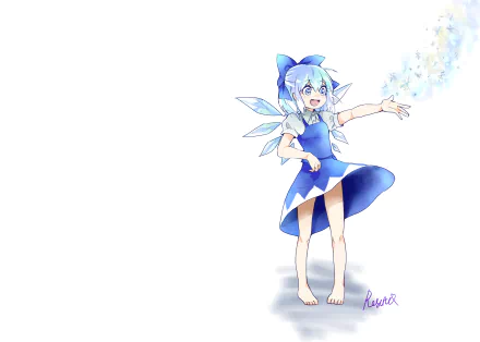 Cirno from Touhou anime, smiling fairy in a blue dress with ice wings conjuring frost on a white background — 2K Quad HD PC desktop wallpaper/background.