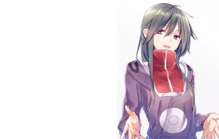Tsubomi Kido from Kagerou Project, anime-style portrait in a purple hoodie with red collar, hands extended against white space — 2K Quad HD PC desktop wallpaper background.