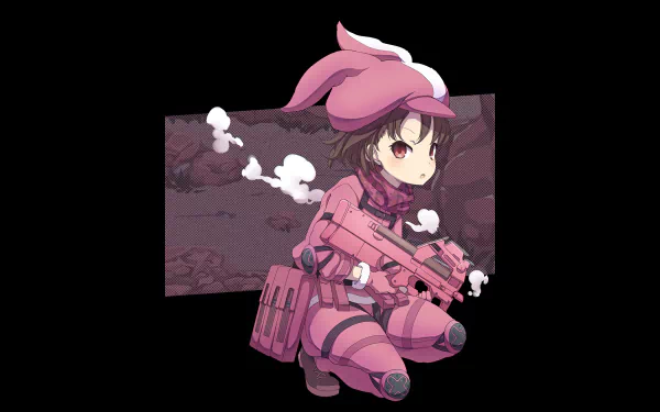 Chibi LLENN (Karen Kohiruimaki) from Sword Art Online Alternative: Gun Gale Online kneeling in pink combat gear with a submachine gun; 2K Quad HD anime desktop wallpaper.