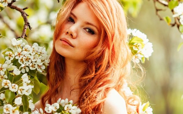 Women Model Redhead Brown Eyes Blossom Flower White Flower Face HD Wallpaper | Background Image