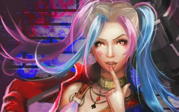 HD comic-style desktop wallpaper featuring Harley Quinn with long pink and blue hair, wearing a red jacket against a vibrant, dynamic background.