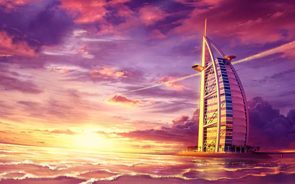 HD desktop wallpaper featuring a stunning sunset behind the iconic Burj Al Arab building, with vibrant clouds and reflective water enhancing the breathtaking scene.