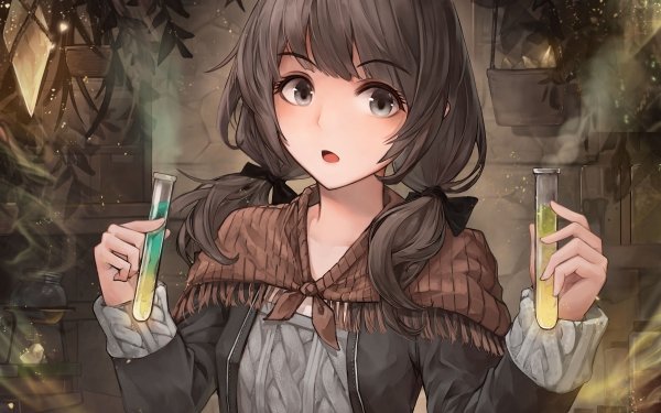 Anime Original Brown Hair Twintails Long Hair Chemical Grey Eyes Flower bow HD Wallpaper | Background Image