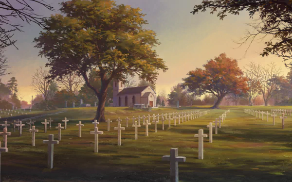 Anime-style HD desktop wallpaper depicting a peaceful grassland cemetery at sunset with numerous white crosses and a small chapel amid autumn-colored trees.
