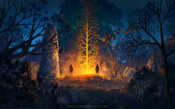 A glowing tree illuminates two figures standing in a dark, mystical forest from the video game Forest Of Liars, depicted in a detailed HD PC desktop wallpaper.