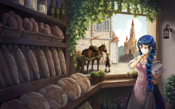 Anime-style HD desktop wallpaper of a smiling girl with long blue braided hair and pink eyes, wearing a necklace, standing in a bakery with bread, a horse cart, and a castle outside.