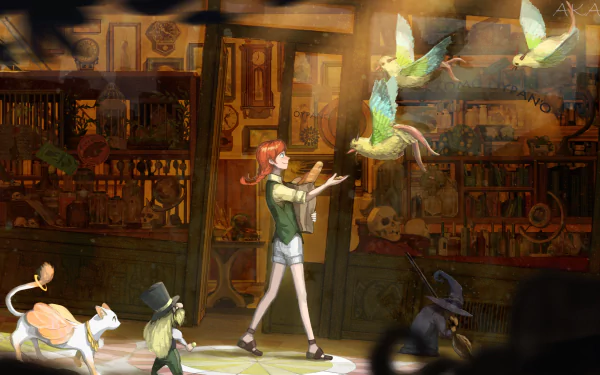 blue eyes smile hat witch broomstick bread roll cat braid twintails bird orange hair long hair Anime Original anime cat Anime Bird HD Desktop Wallpaper | Background Image