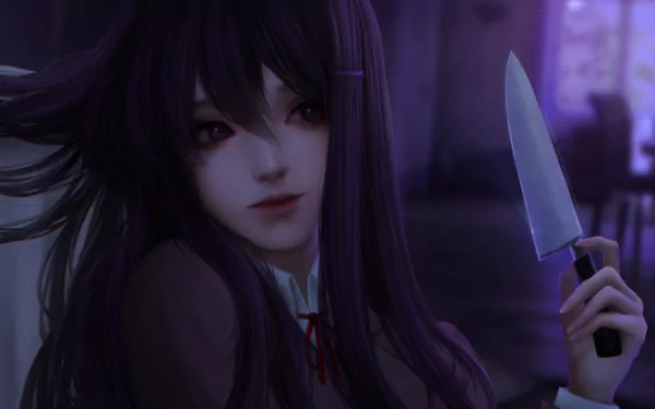 Yuri from Doki Doki Literature Club! holds a knife in a dark, slightly eerie setting. This HD desktop wallpaper captures her character from the video game, blending a sense of intensity with haunting beauty.