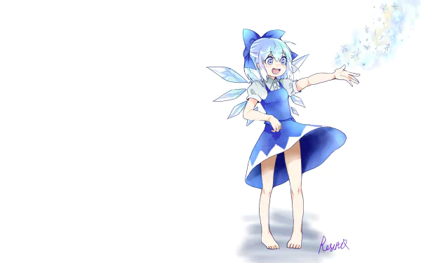 Cirno from Touhou anime, smiling fairy in a blue dress with ice wings conjuring frost on a white background — 2K Quad HD PC desktop wallpaper/background.