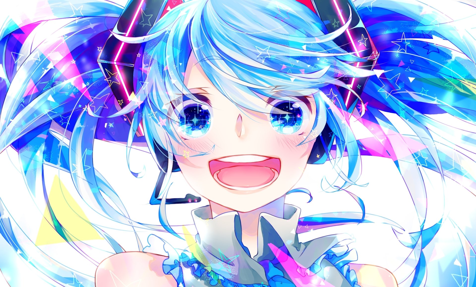 Vibrant HD anime wallpaper featuring Hatsune Miku from Vocaloid with glowing blue hair and expressive eyes, capturing her energetic and futuristic style.