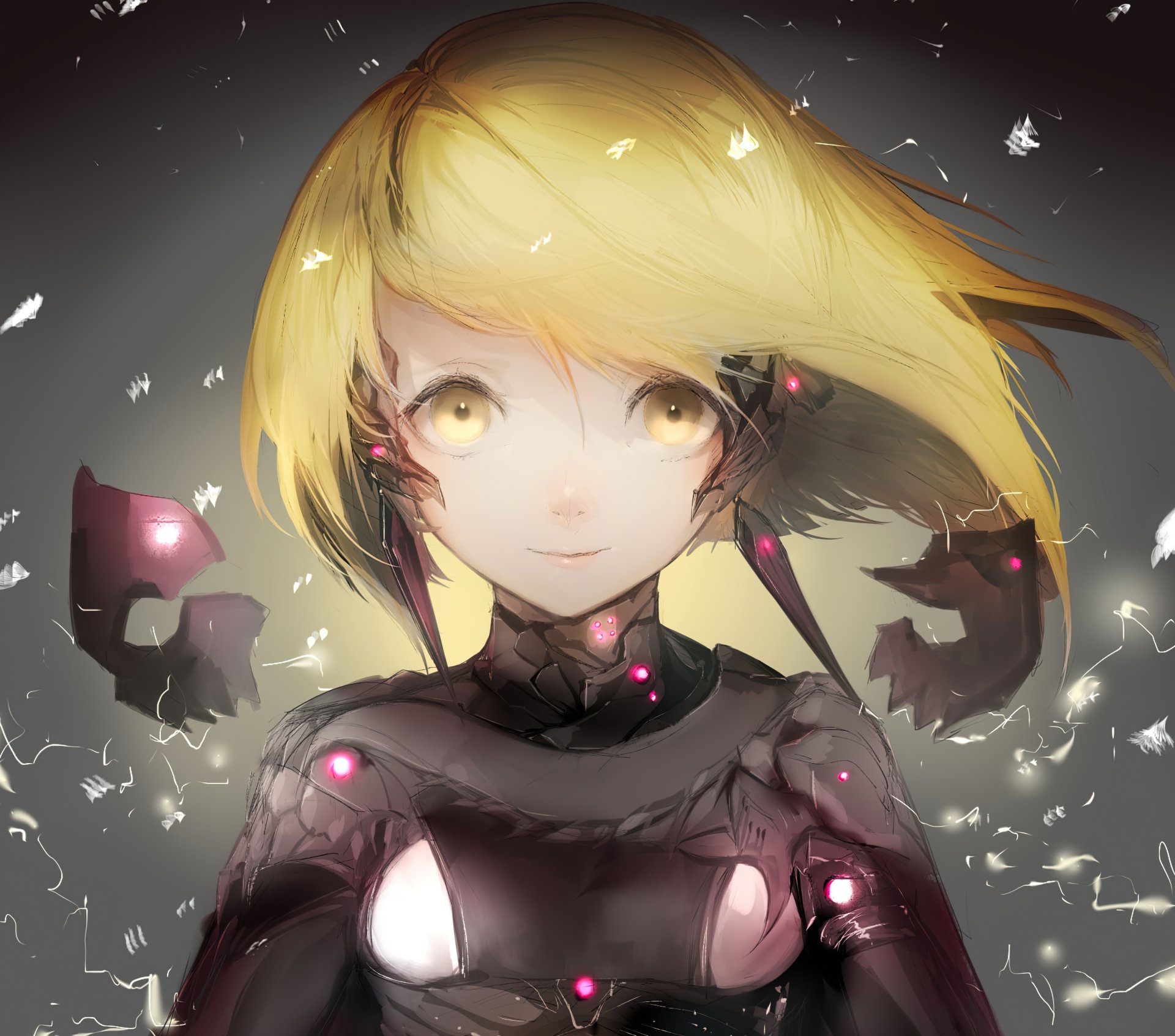 Anime-style original character with short blonde hair, yellow eyes, and a subtle smile, wearing futuristic armor, featured in an HD PC desktop wallpaper.