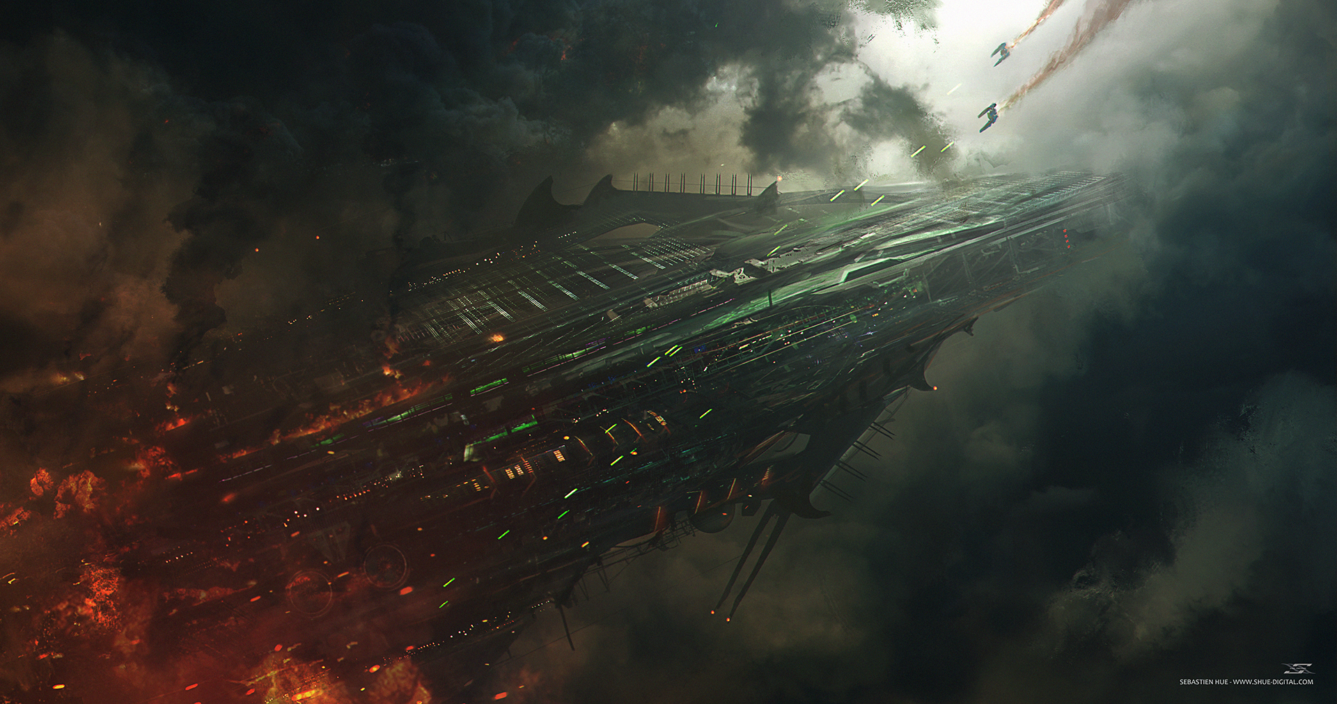 HD PC desktop wallpaper featuring a dramatic sci-fi spaceship engaged in a fierce battle amid dark, smoky clouds and fiery explosions.