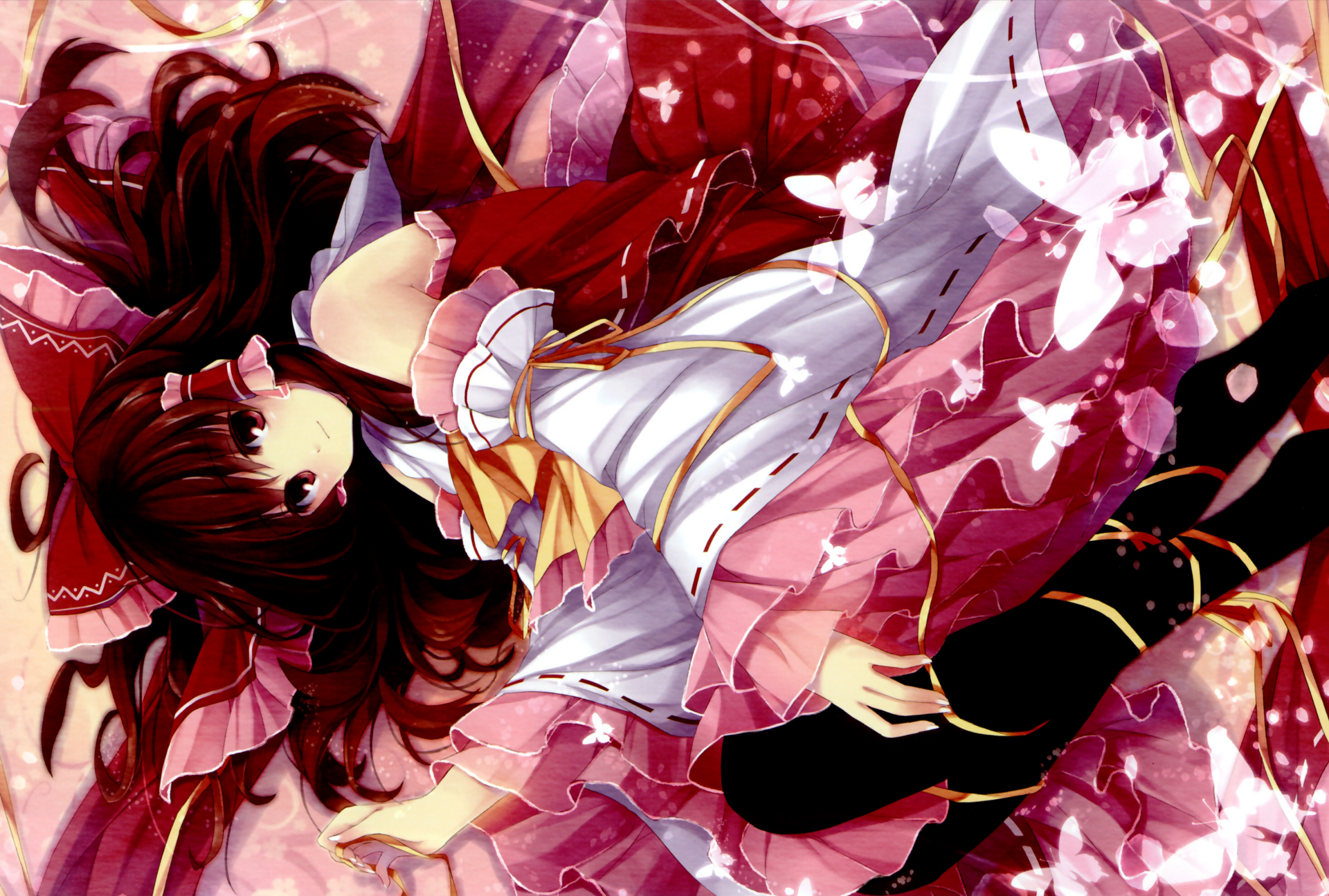 HD PC desktop wallpaper featuring Reimu Hakurei from the anime Touhou, surrounded by pink petals and glowing butterflies in a dynamic, vibrant scene.