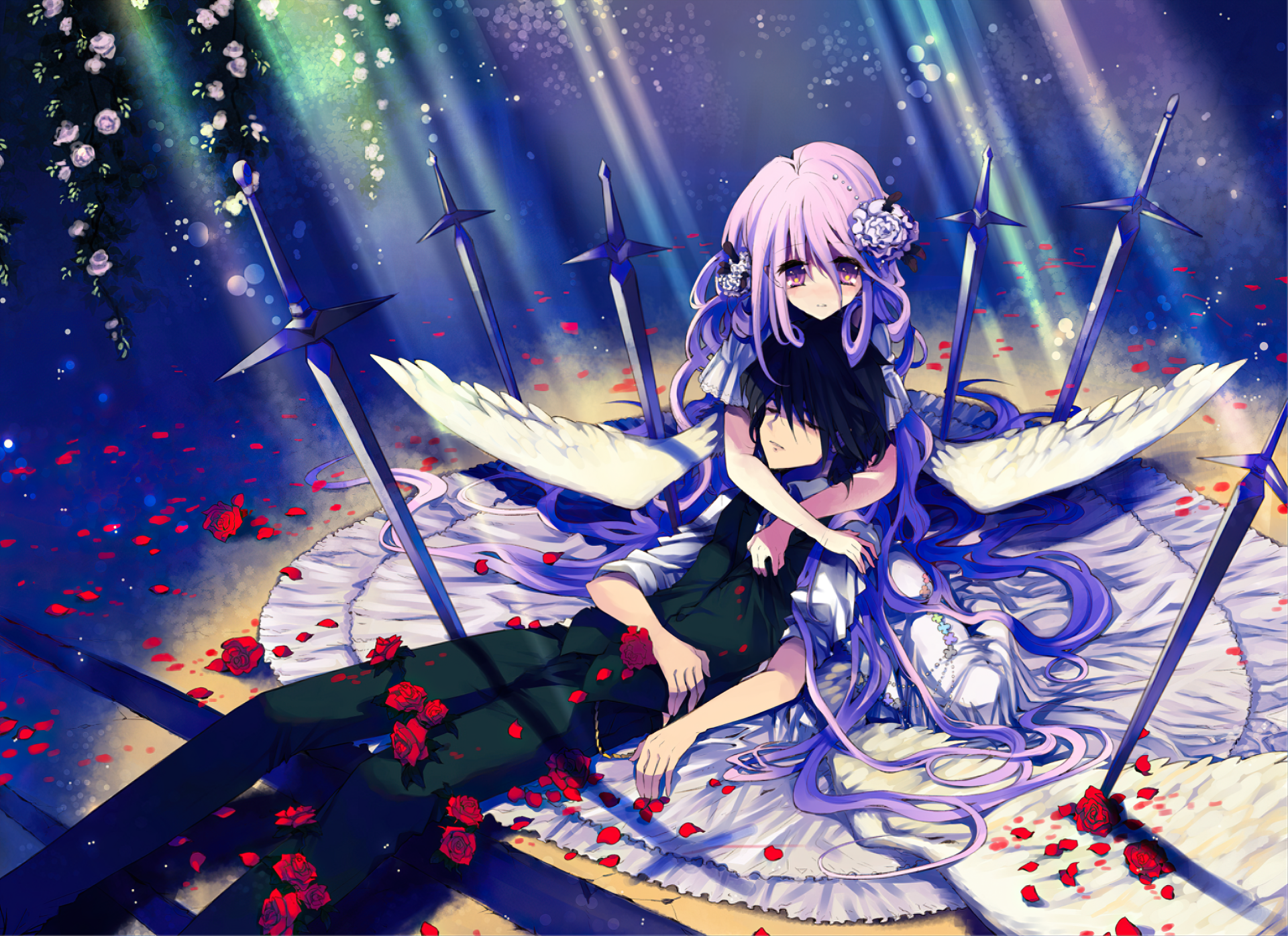 2K Quad HD PC desktop wallpaper: winged anime angel with long purple hair and purple eyes embraces a shorter black‑haired figure amid swords, roses and scattered petals.
