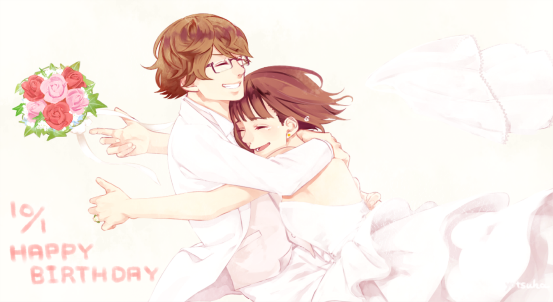 A colorful HD desktop wallpaper featuring characters Nishiki Nishio and Kimi Nishino from Tokyo Ghoul, sharing a joyful embrace with a festive birthday theme and floral accents. 