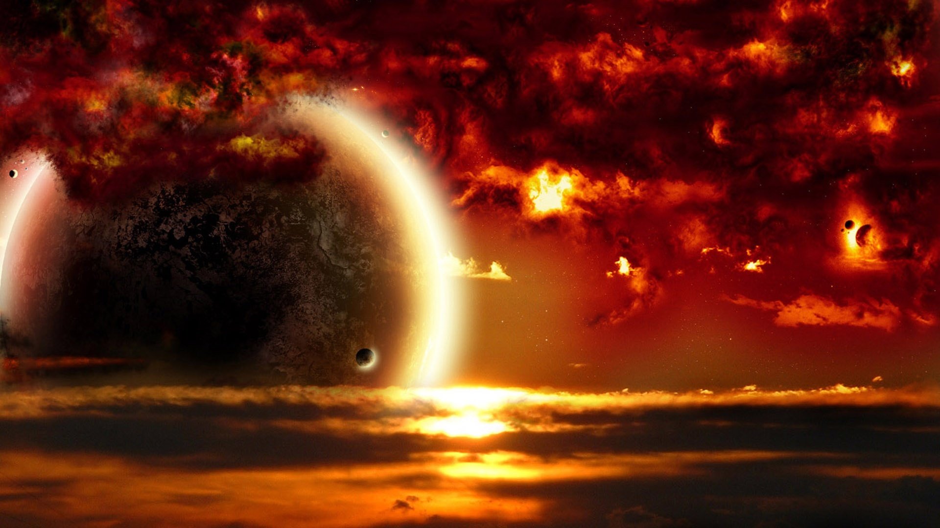 HD sci-fi desktop wallpaper showing a dramatic planet rising through fiery red clouds over a glowing horizon.
