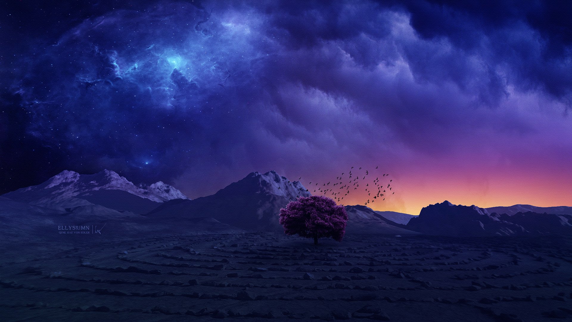 HD fantasy landscape desktop wallpaper featuring a surreal scene with a vibrant tree in the foreground, mountain silhouettes, a dramatic sky with swirling clouds, and a glowing horizon.