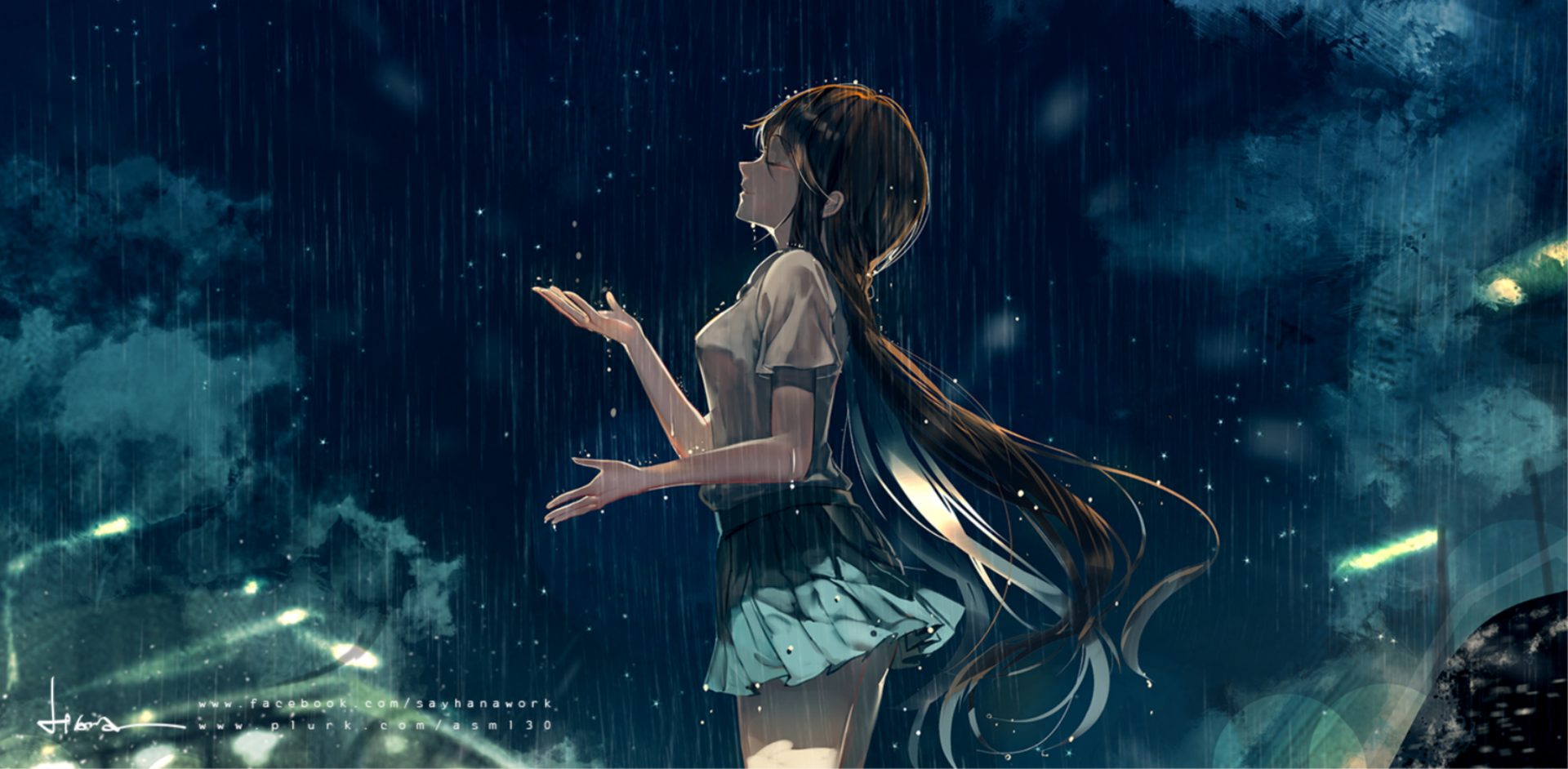 Anime-style HD wallpaper of a smiling girl with long brown hair standing in the rain, embracing the droplets under a dark, cloudy sky.