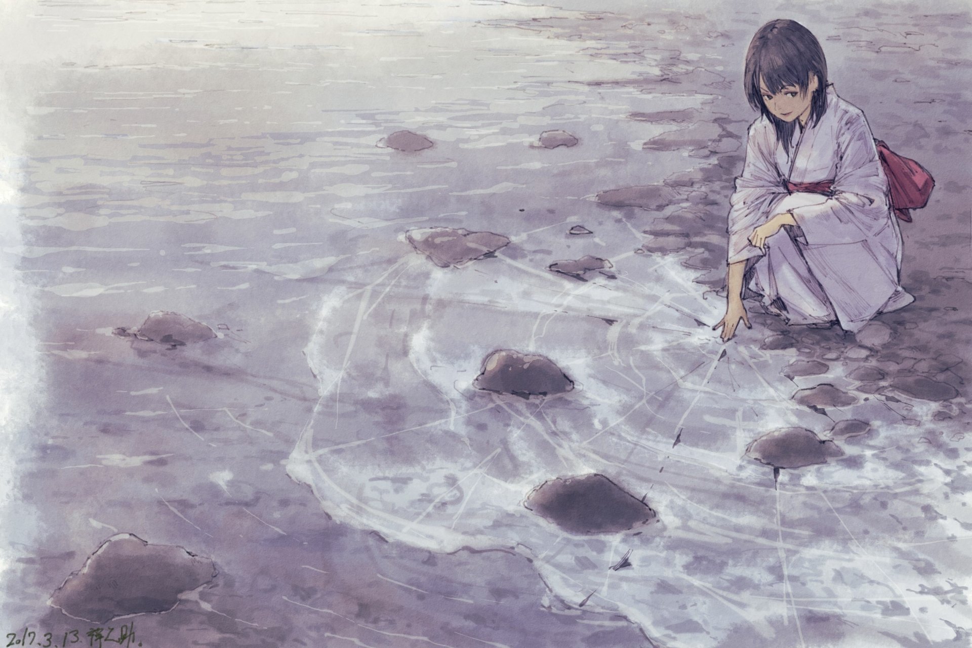 Download Yukata Shore Ice Anime Original HD Wallpaper by 禅之助