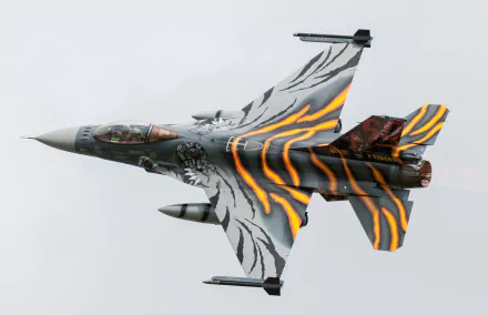 HD desktop wallpaper of a General Dynamics F-16 Fighting Falcon jet fighter in flight, featuring a striking tiger-striped paint design. The military aircraft is shown against a clear sky.
