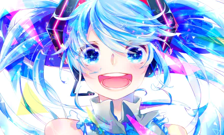Vibrant HD anime wallpaper featuring Hatsune Miku from Vocaloid with glowing blue hair and expressive eyes, capturing her energetic and futuristic style.