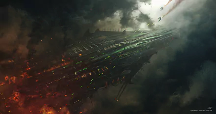HD PC desktop wallpaper featuring a dramatic sci-fi spaceship engaged in a fierce battle amid dark, smoky clouds and fiery explosions.