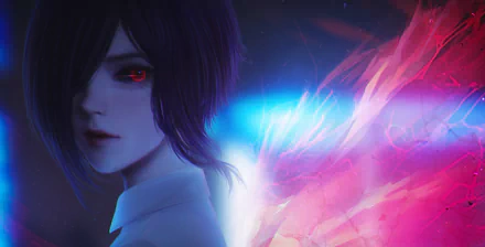 HD PC desktop wallpaper featuring Touka Kirishima from Tokyo Ghoul, showcasing her intense red eye and vibrant kagune against a dark, atmospheric background.