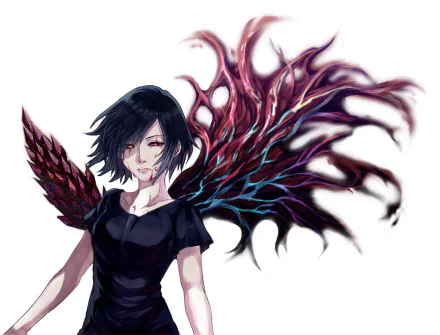 HD anime wallpaper featuring Touka Kirishima from Tokyo Ghoul with short black hair, red eyes, wearing a black shirt, and showcasing her vibrant Kagune.