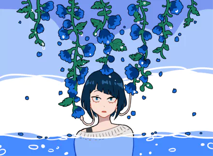 An anime-style HD wallpaper featuring Kyōka Jirō from My Hero Academia. She has blue hair and blue eyes, surrounded by blue flowers, with a water-themed background.