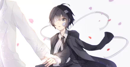 HD anime desktop wallpaper featuring Osamu Dazai from Bungou Stray Dogs, depicted in a black suit with soft pink petals floating around.