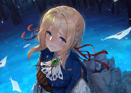 A digital artwork of Violet Evergarden, featuring her striking blue eyes and blonde hair, set against a serene blue background filled with floating papers. 4K Ultra HD quality.
