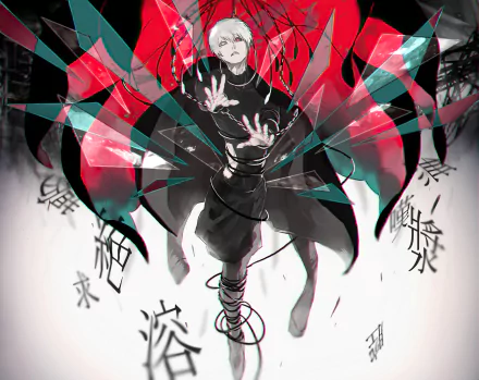 HD PC desktop wallpaper featuring Ken Kaneki from the Tokyo Ghoul anime, with dynamic red and black kagune effects and Japanese kanji symbols in the background.