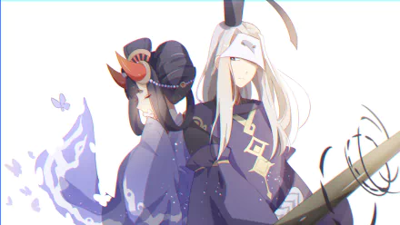 4K Ultra HD anime PC wallpaper of Hangan and Enma from Onmyouji: two robed onmyoji — pale-haired Enma and masked Hangan — posed against a minimal white backdrop.