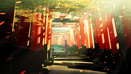 HD anime original wallpaper depicting a serene pathway through a forest of glowing red torii gates with scattered falling leaves and dappled sunlight.