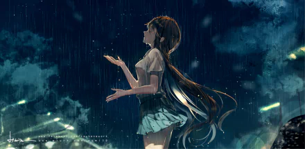 Anime-style HD wallpaper of a smiling girl with long brown hair standing in the rain, embracing the droplets under a dark, cloudy sky.