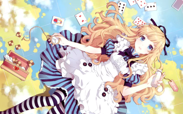 Anime-style Alice from Alice in Wonderland floats against a bright sky, surrounded by playing cards, a pocket watch, and whimsical objects in this HD PC desktop wallpaper.