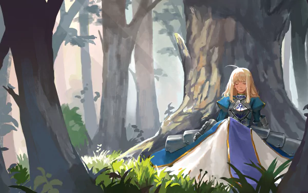 Saber from Fate/Stay Night sits peacefully against a tree in a sunlit forest, rendered in detailed anime style for a 4K Ultra HD PC desktop wallpaper.